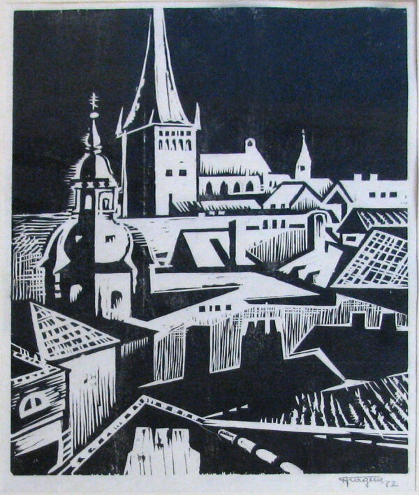 JÜRGENS Eesti Kunst Graafika Linool Linnavaade Eesti kunst